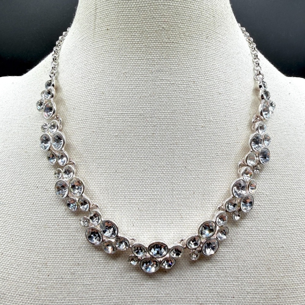 Clear Faceted Rhinestone Cluster Silver Tone Statement Bib Necklace Bridal Gift